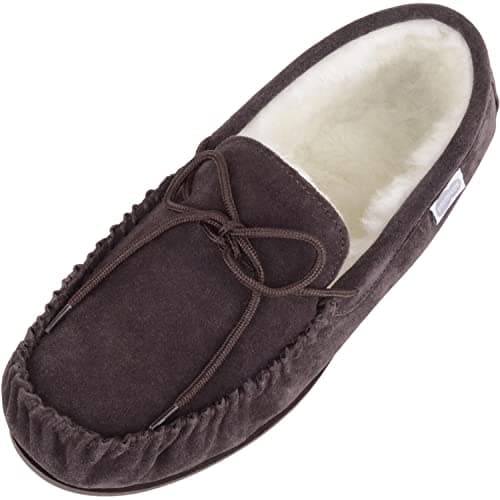 Image of SNUGRUGS Lambswool Suede Moccasin Slippers with Rubber Sole - Dark Brown - UK 9