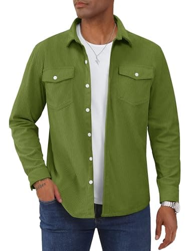 Image of TACVASEN Corduroy Shirts for Men Casual Long Sleeve Overshirt Button Down Lightweight Shacket Jacket with Flap Pockets ArmyGreen, 2XL