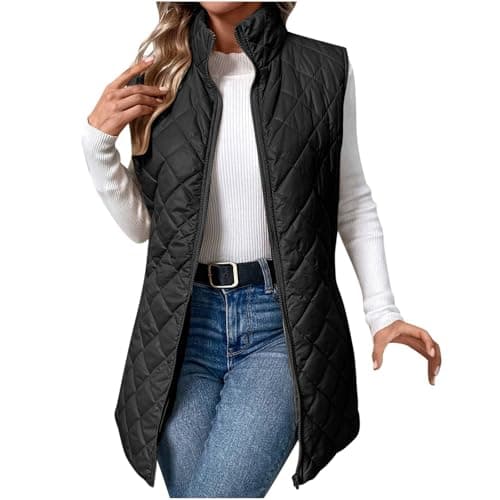 Image of Womens Quilted Gilet Lightweight Sleeveless Waistcoat Ladies Stand Collar Padded Gilets Zip Up Vest Coats Solid Color Casual Gilet Jacket Bodywarmer Fall Winter Warm Puffer Jackets