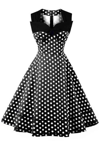 Image of AXOE Women's 1950s Vintage Rockabilly Dresses A-line Fancy Costumes Sleeveless for Wedding Tea Party Black and White Polka Dots UK Size 10, S
