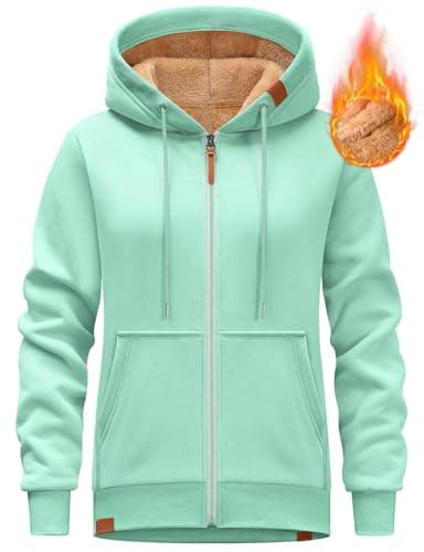 Image of Lonya Hoodies for Women Fleece Jacket - Fleece Lined Zip Up Winter Warm Sherpa Long Sleeve Hoodie Ladies Sweatshirts Casual Loose Coat Outwear with Pockets, Mint Green, XL