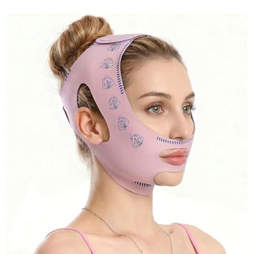 Image of V Line Face Mask Reusable – Chin Strap for Sleeping & Double Chin Support, Adjustable Breathable Slimming Band with Hook and Loop Straps for V Shape Jawline, Lifting Belt for Women & Men Grey (Pink 1)