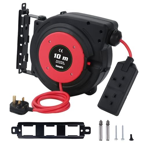 Image of EnergyPro 10 Metre Automatic Retractable Extension Cable Reel with UK BS1363 Plug, 2300W 230V, Overload Protection, Mountable for Garden, Workshop and Home Use