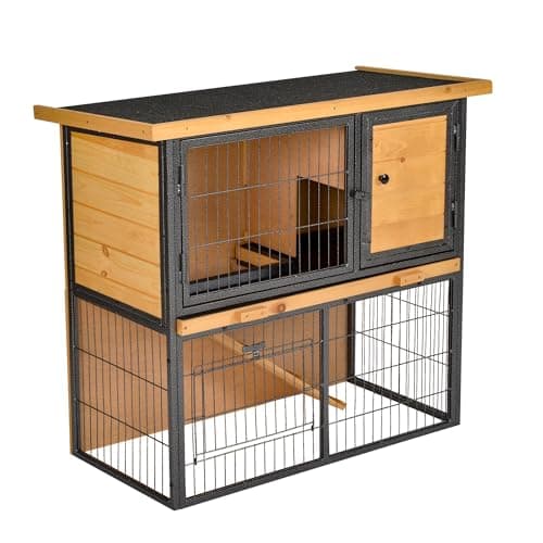 Image of PawHut Wood-metal Rabbit Hutch Guinea Pig Hutch Elevated Pet House Bunny Cage with Slide-Out Tray Openable Roof Outdoor 89.5 x 45 x 81cm Light Yellow