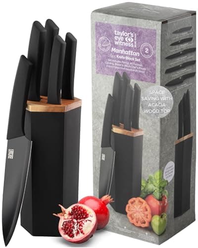 Image of Taylors Eye Witness 5 Piece Knife Block Set – Razor Sharp Black Kitchen Knives with Stylish Hexagonal Block. Stainless Steel Precision, Scratch-Resistant Coated Blades with Soft Touch Handles