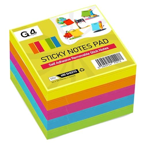 Image of G4GADGET Sticky Notes Cube 400 Sheets - 76x76mm Neon Colors - Self-Stick Notes for Reminders, to-Do Lists & Messages - Strong Adhesive, Repositionable Sticky Notepads for Home, Office & School (1)