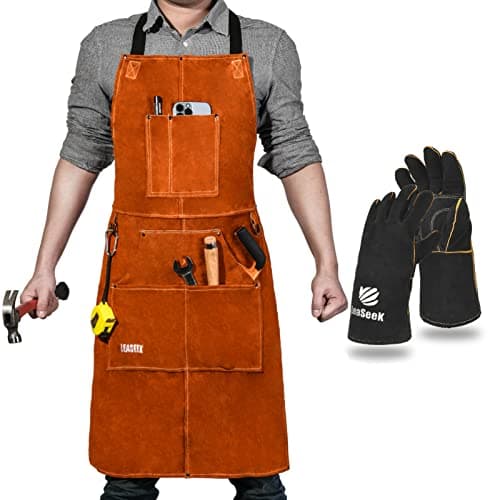 Image of Leather Welding Work Apron - Heat Resistant & Flame Resistant Bib Apron, Flame Retardant Heavy Duty BBQ Apron, Adjustable One Size Fit Most