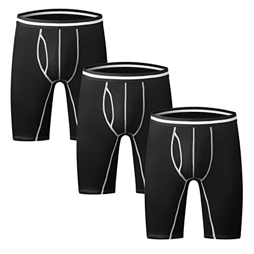 Image of Nuofengkudu Mens Long Leg Boxers Shorts Anti Chafing Stretch Cotton Underpants Longer Legged Trunks Briefs with Fly Pouch Waistband Breathable Soft Sports Underwear 3 Pack Black 2XL