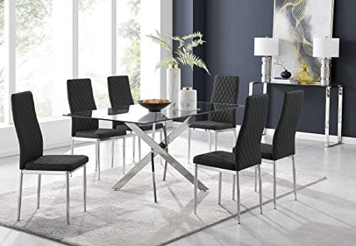 Image of Furniturebox UK Leonardo 6 Clear Glass and Chrome Metal Modern Stylish Dining Table and 6 Stylish Milan Dining Chairs Set (Dining Table + 6 Black Milan Chairs)