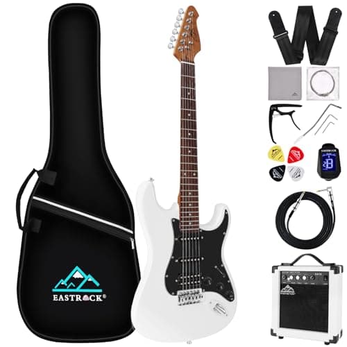Image of Eastrock 39 inch Full-Size Electric Guitar Kit for Junior Beginners, Starter Electric Guitar with 10w Amplifier Bag Capo Shoulder Strap String (White, 39" Right Handed)