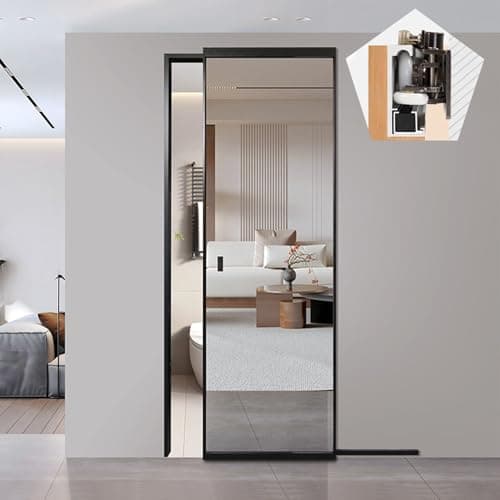 Image of Concealed Sliding Mirror Door Hardware, Ghost Door Trackless with Soft Close Mechanism, Bypassing Wardrobe Closet Door Track 81-180cm Long(81cm/32in)