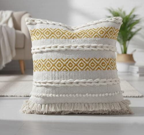 Image of TreeWool Muted Yellow Boho Cushion Cover 45x45cm [1 Piece] – Hand Woven Textured Cotton Throw Pillow Case with Braided Loops & Fringes; Decorative Scandi Style Pillow for Sofa & Bedroom
