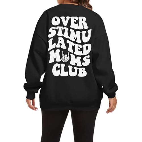 Image of Lubpow Oversized Overstimulated Moms Club Sweatshirt for Women Cool Skeleton Graphic Mama Sweatshirts Funny Hoodie Pullover, Black, Medium