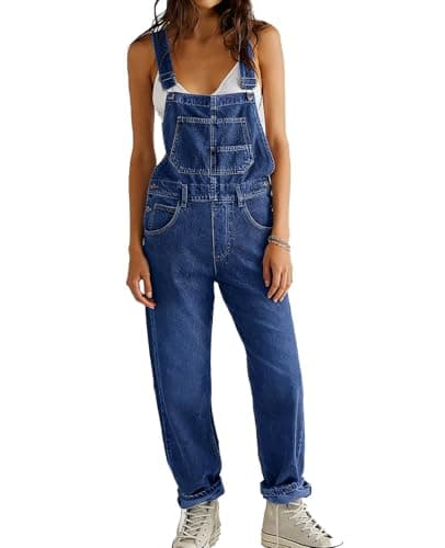 Image of YOUNIFIZ Womens Jean Jumpsuit Casual Denim Dungarees Adjustable Straps Rompers Wide Leg Jean Playsuit Summer Vintage Overalls with Pockets