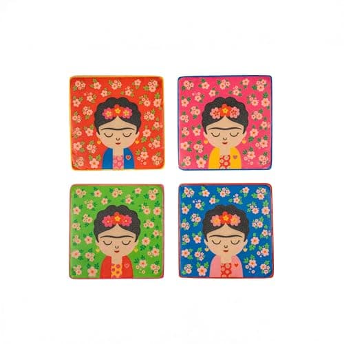 Image of Sass & Belle Frida Kahlo Coasters - Set of 4 - Square Multicolour Coffee Cup Mats – Quirky Frida Kahlo Inspired Coaster Gift Set for Table Decor, Colourful Resin Table Coasters by Sass and Belle