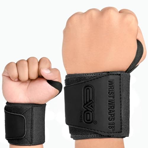Image of EVO Fitness Pair of 18” Deep Black Weight Lifting Wrist Wraps Support Elasticated Cotton Straps Thumb Loop Powerlifting Bodybuilding Strength Gym Training Workout (Black)