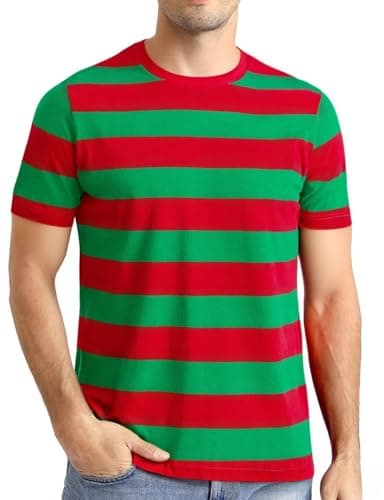 Image of COSAVOROCK Mens Striped T-Shirt Short Sleeved Christmas T Shirt Red and Green L