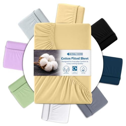 Image of Acrali Home Yellow Egyptian Cotton Double Fitted Sheet 137x190 cm - 200 Thread Count, Deep Pocket - Ultra Soft Hotel Quality, Breathable & Hypoallergenic Bottom Bed Sheet