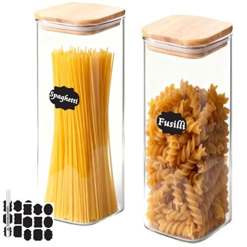 Image of WYIPOLZI 2400ML Set of 2 Spaghetti Storage Jar with Bamboo Lids, Square Glass Containers Large, Round Corner Glass Jars Food Storage Containers for Kitchen, Cupboards Spice Cereal Pasta Jars