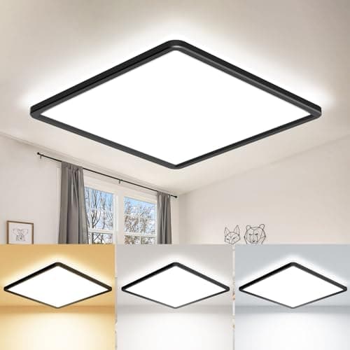 Image of zemty 22CM Black LED Ceiling Lights, 3000K/4000K/6500K Waterproof Bathroom Light, 18W 1950LM Modern Square Flush Ceiling Lighting Fixture for Kitchen Hallway Bedroom Porch Toilet