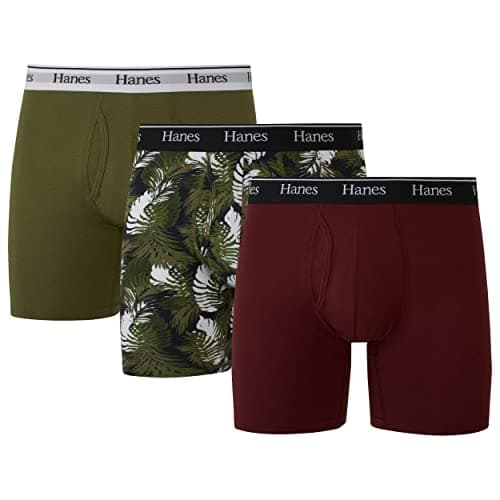 Image of Hanes Originals Men’s Boxer Briefs & Trunks, Stretch Cotton Moisture-Wicking Underwear, Modern Fit Low Rise, Multipacks, Regular Leg - Maroon/Cargo Olive - 3 Pack, L
