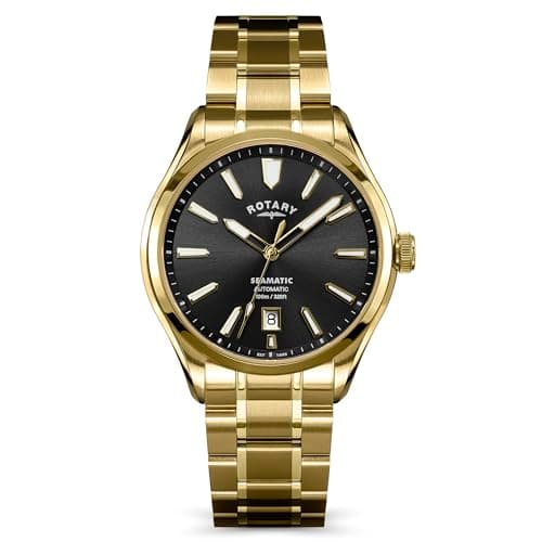Image of Rotary Men's Seamatic 100M Water Resistance Black Dial Gold Plated Stainless Steel Bracelet Watch