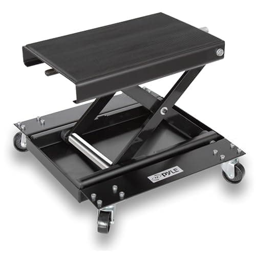 Image of Pyle Heavy Duty Motorcycle Lift Table, Portable Scissor Jack with Dolly, 500kg Capacity, Collapsible with Caster Wheels, Anti-Skid Rubber Pad, Car Jack Kit, Bike Lift, Tyre Changing Kit for Garage