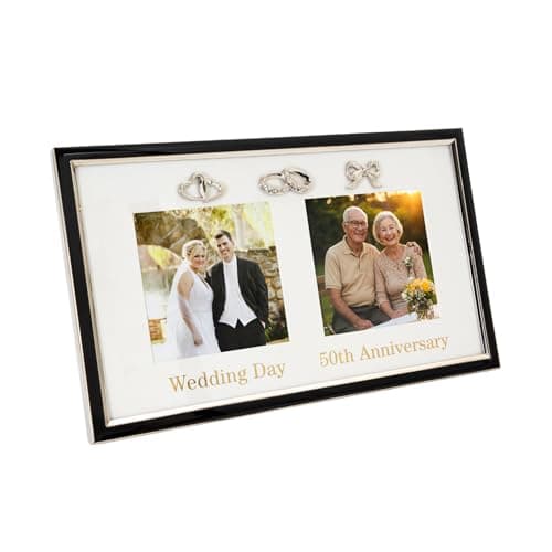 Image of Happy Homewares 50th Golden Anniversary and Wedding Day Picture Frame in Silver and Black with Gold Text | Hearts Rings and Ribbon Icons | Table or Wall