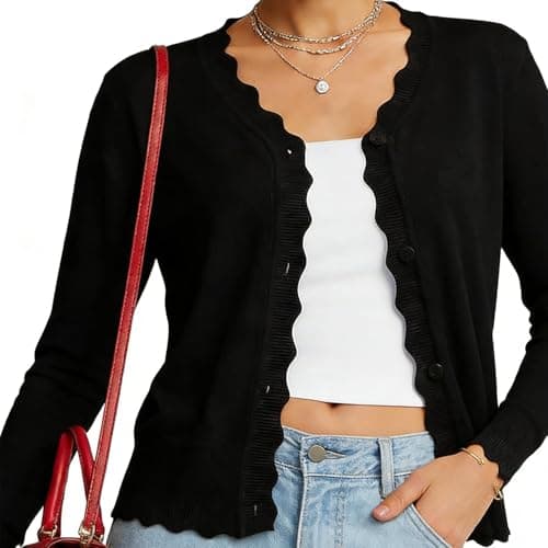 Image of Youkly Women's Cardigan, Black, Ribbed Knit, Long Sleeve, V-Neck, Button Down, Scalloped Shrugs, Lightweight, Regular Fit (UK, Alpha, M, Regular, Regular, Black)