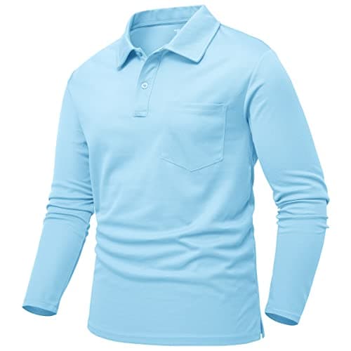 Image of Rdruko Men's Long Sleeve Polo Shirt, Sky Blue, XL