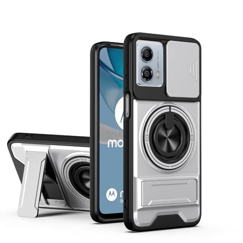 Image of YSONCHAN Phone Case for Motorola Moto G53 5G/G13/G23, Shockproof Cover with Slide Camera Cover, 360° Magnetic Rotating Ring Stand, Anti-Fingerprint Case. Silver