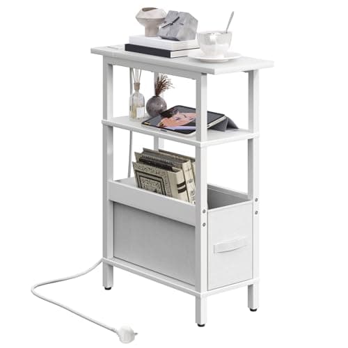 Image of MAHANCRIS Narrow Side Table with Charging Station, 3 Tier Small End Table for Small Spaces, Slim Side Shelf with Storage, for Living Room, Bedroom, White AETBW125KE01