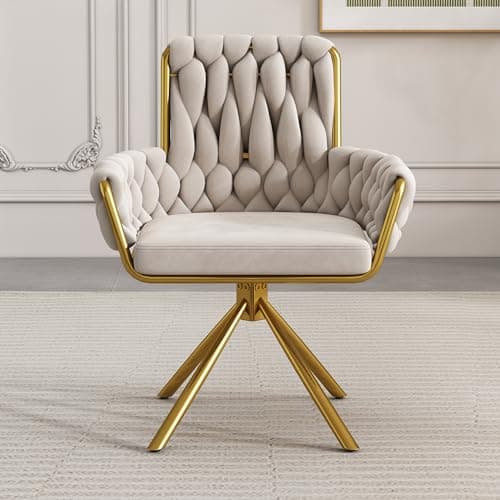 Image of ModernLuxe Dining Chair Set of 1, 360° Swivel Armchair with Metal Support Legs for Dining and Living Room Vanity Beige