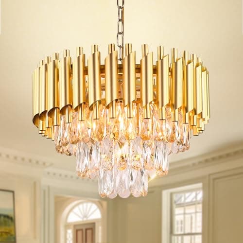 Image of FRIXCHUR 15.7'' Crystal Chandelier Lights Modern Gold Pendant Light 3-Tier Crystal Chandelier Light Fixture Raindrop Flush Mount Ceiling Light for Bedroom Living Room E14x5 Bulb（Not Includ Bulb）