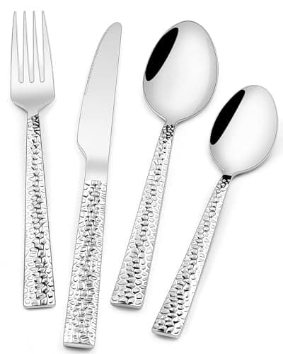 Image of SHEUMNT 60-Piece Hammered Silverware Set, Stainless Steel Square Flatware Set for 15, Metal Tableware Cutlery Set Includes Dinner Knives/Forks/Spoons, Modern Design & Mirror Polished - Dishwasher Safe