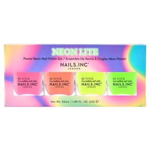 Image of Nails Inc Neon Lite Nail Polish Quad, Neon Glow Enhancing Shades, Fast Drying, Long Lasting, Chip Resistant, Air Dry Manicure,Vegan, Cruelty Free, 4 Piece Set