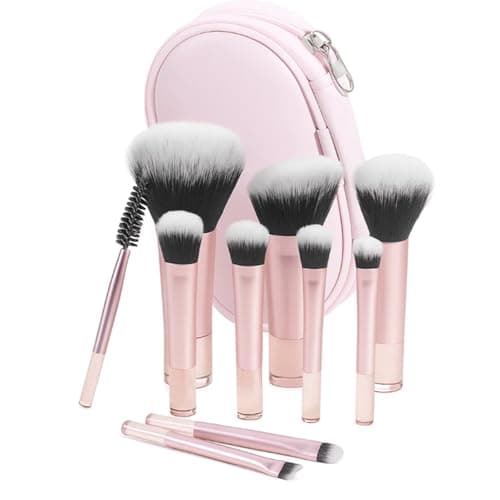 Image of 10-Piece Pink Makeup Brush Set with Matching Travel Bag - Soft Two-Toned Bristles Rose Gold Handles Acrylic Grip for Foundation Powder Eye Shadow Brow Grooming Beginner Professional User Stylish