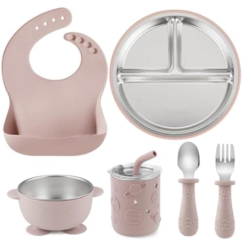 Image of PandaEar 6-in-1 Stainless Steel Baby Feeding Set | Divided Baby Plates with Suction, Toddler Bowl, Sippy Cup with Straw, Baby Bib, Spoon & Fork | BPA-Free Toddler Weaning Set