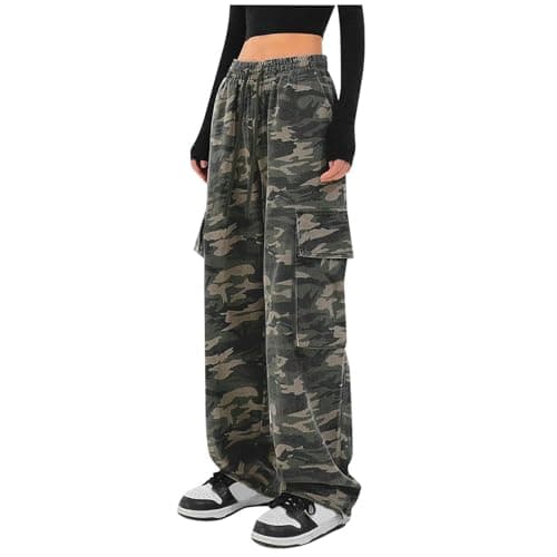 Image of Casual Cargo Pants with Pockets Loose Fit Straight Leg Printed Wide Leg Pants, Camouflage, M