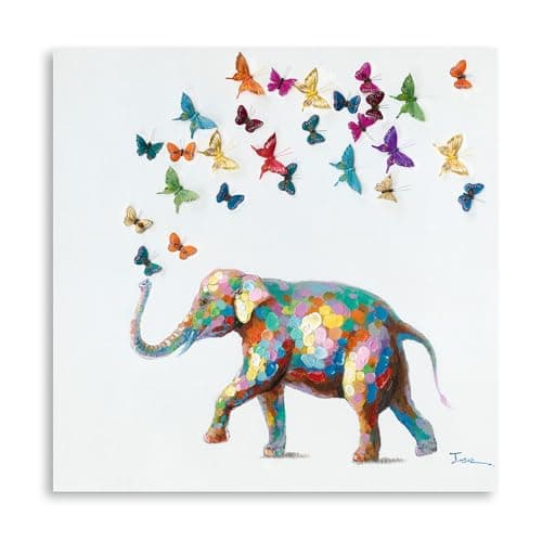 Image of XMMPOT Elephant Butterfly Wall Art Colorful Elephant Painting for Bedroom Canvas Ready to Hang (13.5"X13.5"X1 Panel)