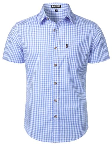 Image of PARKLEES Men's Casual Plaid Button Down Shirt Cotton Short Sleeve Gingham Dress Shirts Regular Fit with Pocket Blue Gingham XX-Large