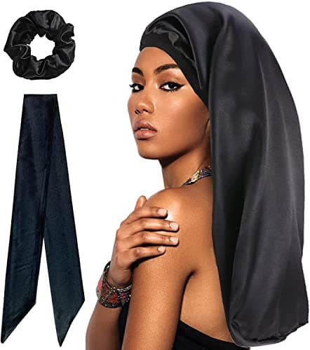 Image of WUBAYI Silk Bonnet Wrap for Sleeping, Satin Sleep Cap with Wide Elastic Band, Soft Hair Sleeping Cap for Women and Girls with Curly Hair, Black