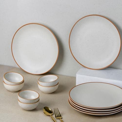 Image of The Earth Store Handcrafted White Matte Brown 12 Piece Ceramic Dinner Set, 6 Full Dinner Plates, 6 Vegetable Bowls | Microwave & Dishwasher Safe | Ceramic Plate | Katori