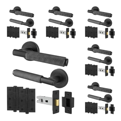 Image of EAI Black Knurled Door Handle Latch Set, 6 Pairs Internal Matt Black Round Rose Door Handles, Latches 64mm Hinges 76mm - Dolton