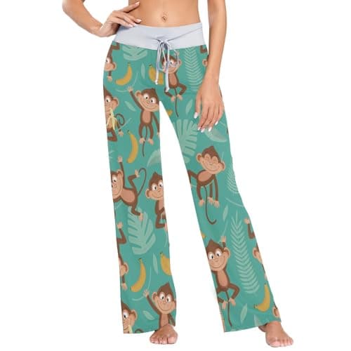 Image of Women's Pajama Lounge Pants Tropical Monkey Banana Leaves PJs Bottoms for Women Sleep Loungewear Pants Wide Leg Animal Palm Leaves