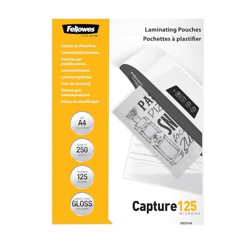 Image of Fellowes A4 Laminating Pouches, Gloss Finish, 250 Sheets, 250 Micron (2x125) Clear & Durable Laminating Pouch - Ideal for Photos, Notices, Creatives & Certificates - Large Value Pack