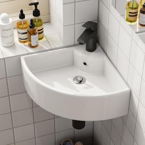 Image of HOROW White Ceramic Corner Basin, 46x33x13cm (HxWxD) Slim Edge Bathroom Wash Basin,Wall-Mounted & Countertop Mounted Small Space Sink for Bathroom, Cloakroom, WC