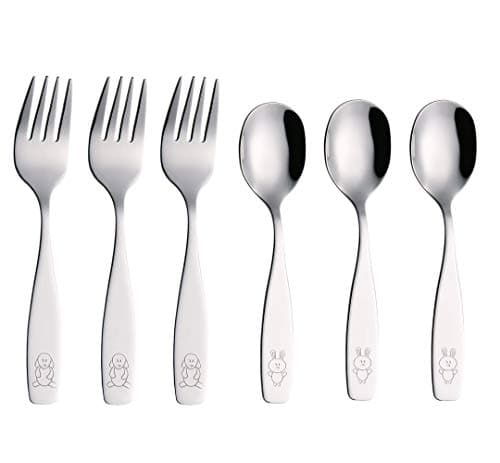 Image of Exzact Children Cutlery 6pcs Kids Cutlery Stainless Steel - Dishwasher Safe - Dog & Bunny Engraved Forks & Spoons