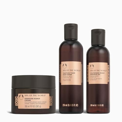 Image of The Body Shop Spa of the World Body Care Collection, Tahitian Tiaré Body Wash 250ml, Polynesian Monoi Radiance Oil 200ml, Hawaiian Kukui Body Cream 300ml, Tropical Glow Routine, Vegan Skincare Set