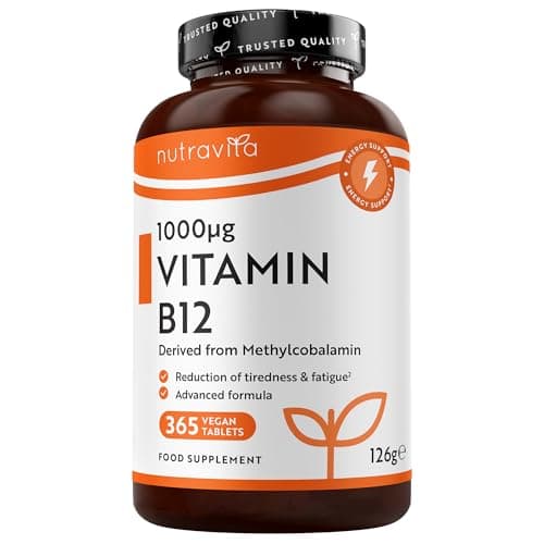 Image of Nutravita Vitamin B12 1000mcg - 365 High Strength Vegan Tablets (1 Year Supply) - Max Strength B12 Supplement - Contributes to The Reduction of Tiredness and Fatigue - Made in The UK
